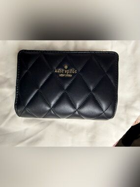 kate spade Black Quilted Leather Zip Wallet with Gold Logo